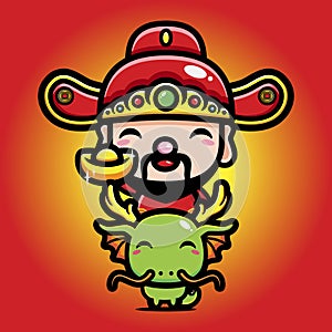 The cute god of wealth cai shen cartoon character riding the dragon animal