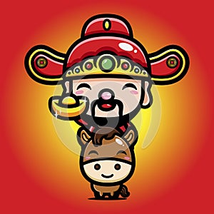 The cute god of wealth cai shen cartoon character riding a horse animal