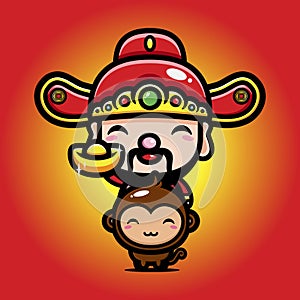 The cute god of wealth cai shen cartoon character riding the monkey animal