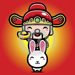 The cute god of wealth cai shen cartoon character riding a rabbit animal