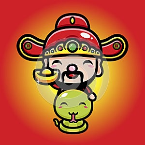 The cute god of wealth cai shen cartoon character riding a snake animal