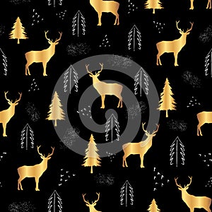 Cute golden deer fire trees and white dots on black background. Seamless repeat christmas pattern for print or textile design.