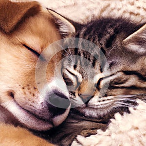 Cute golden labrador puppy and tabby kitten sleeping together.
