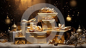 golden presents and gifts for christmas festivel card by Generative AI photo