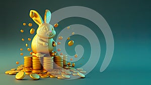 Cute Golden Rabbit or Bunny Character Standing On Gold Coins Stack Against Shiny Teal Background