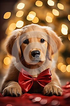 Cute golden retriever on christmas background
