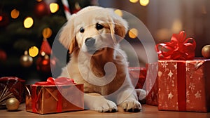 Cute golden retriever on christmas background