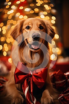 Cute golden retriever on christmas background