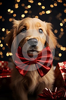 Cute golden retriever on christmas background