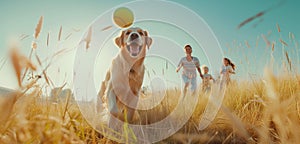 Cute golden retriever dog chasing green tennis ball in high grass with children kids running behind. Loyal dogs pet friendship,