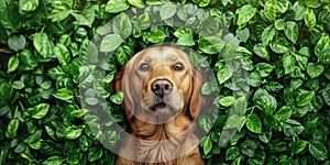 Cute Golden Retriever dog on green leaves background. Copy space.