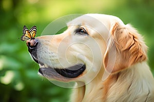 Cute golden retriever dog looking at butterfly sitting on his nose. Nature green grass flowers in the field. Spring summer season