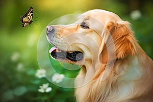 Cute golden retriever dog looking at flying butterfly in the nature. Green grass flowers in the field. Spring summer season.