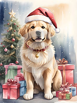 Cute Golden Retriever dog in Santa Claus hat sitting next to Christmas tree with gifts box