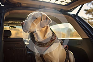 Cute golden retriever dog sitting in car trunk ready for a vacation trip