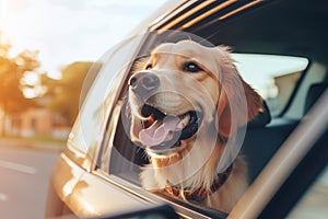 Cute Golden Retriever dog sticking out of the car window, Cute happy dog looking out of car window, AI Generated