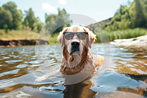 Cute golden retriever dog in sunglasses swimming in the river