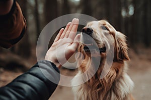 Cute Golden Retriever in the forest playing with human hand, A man high fiving his dog enthusiastically, AI Generated