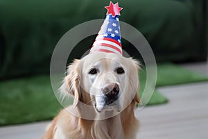 Cute golden retriever in the park with patriotic celebration hat. The 4th of July, Independence Day of USA
