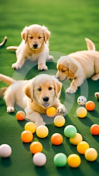 Cute golden retriever puppies playing with toys and balls on a grassy lawn illustration Artificial Intelligence artwork generated