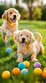 Cute golden retriever puppies playing with toys and balls on a grassy lawn illustration Artificial Intelligence artwork generated