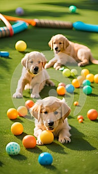 Cute golden retriever puppies playing with toys and balls on a grassy lawn illustration Artificial Intelligence artwork generated