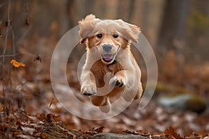 Cute Golden Retriever Puppy Fly in Air During a Playful Jump extreme closeup. Generative AI