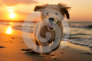 A cute golden retriever puppy running along the beach at sunset. AI generated.