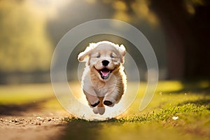 Cute golden retriever puppy running in the park on a sunny day