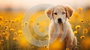 Cute Golden Retriever puppy sitting in a field of yellow flowers Generative AI