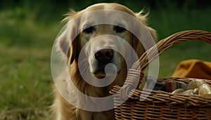 Cute golden retriever puppy sitting in wicker basket outdoors generated by AI