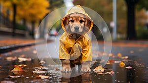 Cute Golden Retriever puppy wearing a yellow raincoat, autumn, fall, rain, dried leaves, rain