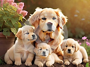 Cute golden retriever sitting out in the sunray of a beautiful day