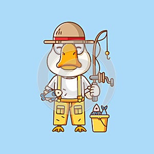 Cute goose fisher fishing animal chibi character mascot icon flat line art style illustration concept cartoon