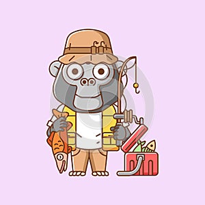 Cute gorilla fisher fishing animal chibi character mascot icon flat line art style illustration concept cartoon