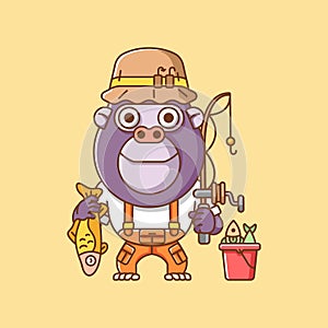 Cute gorilla fisher fishing animal chibi character mascot icon flat line art style illustration concept cartoon