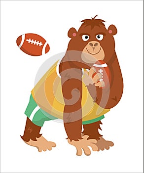 Cute gorilla playing rugby. Sport ball. Vector cartoon isolated illustration on white background. Funny monkey animal in