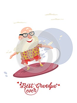 Cute grandfather is serfing on vector greeting card with label best grandpa ever. Grandpa is dancing with mobile