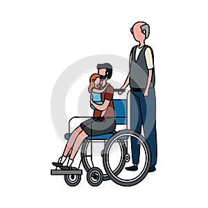 cute grandfather with son and grandddaughter in wheelchair