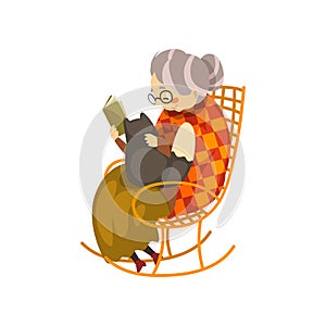 Cute granny sitting in a cozy rocking chair and reading a book, black cat lying on her knees, lonely old lady and her