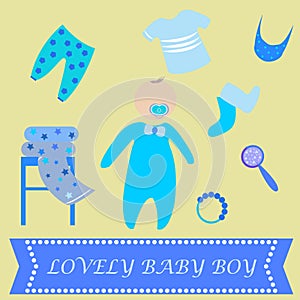 Cute Graphic for Baby Boy. Baby boy newborn lovely greeting card. Baby shower invitation template. Vector baby icons set