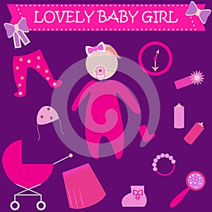 Cute Graphic for Baby Girl. Baby girl newborn lovely greeting card. Baby shower invitation template. icons