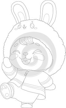 Cute graphic cartoon bunny in clothing with fluffy hat sketch template. Easter holiday toy vector illustration in black and white