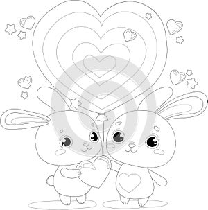 Cute graphic cartoon bunny with hearts and balloon sketch template.