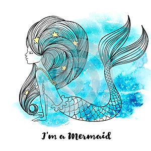 Cute graphic mermaid on blue watercolor background