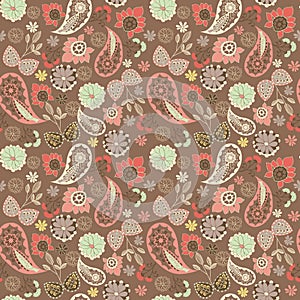 Cute graphical oriental paisley pattern with flowers.