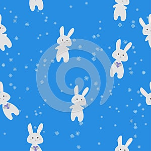 Cute gray bunnies on a blue background with snowflakes  simple vector illustration  seamless pattern