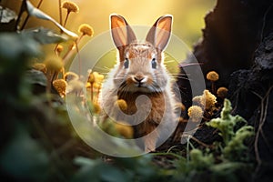 A cute gray bunny in a bright spring forest