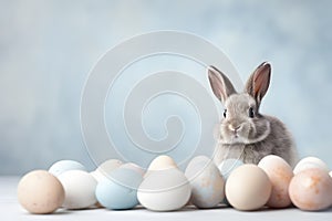 Cute gray bunny with easter eggs on blue background with copy space