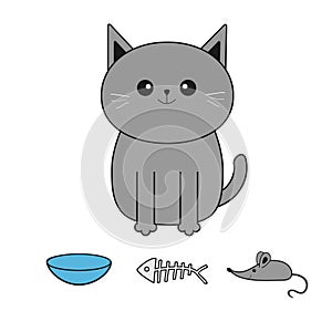 Cute gray cartoon cat. Mustache whisker. Bowl, fish bone, mouse toy.